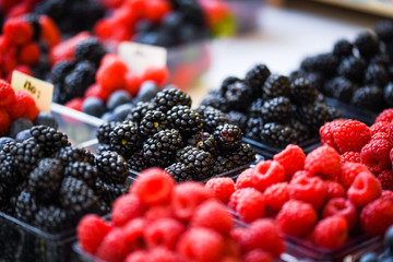 fresh berries close up - strawberries, blueberries, red berries, raspberry, black berries 
