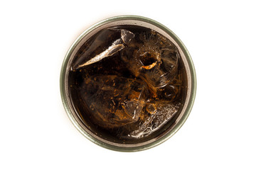 Top view of drink cola with ice in glass on white background