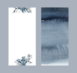 Set of menu cards in indigo gamut with watercolor flowers