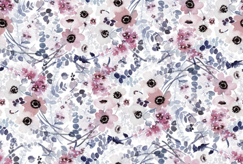 Seamless watercolor pattern with anemones and delicate spring flowers.