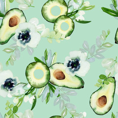 Seamless pattern with avocado, watercolor composition for decorating towels, kitchen backgrounds