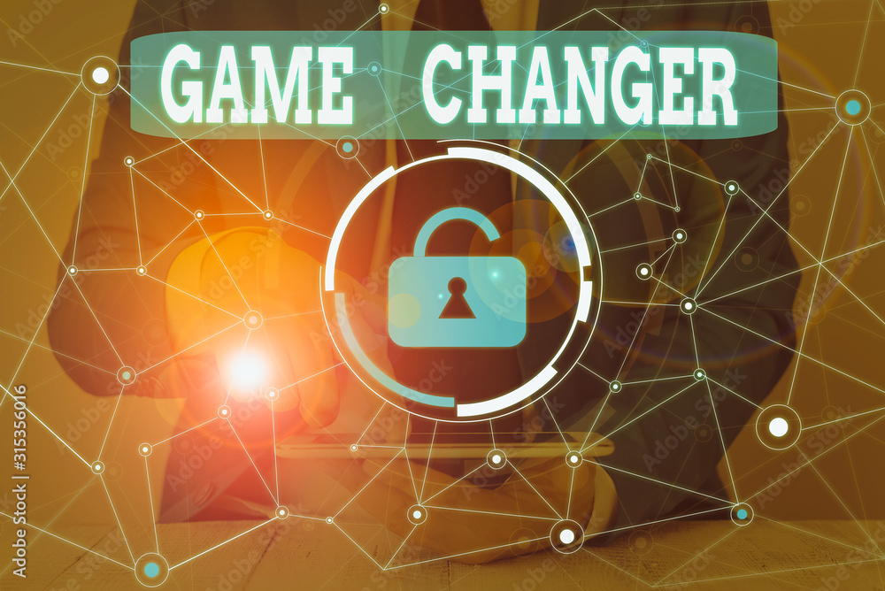 Aufkleber text sign showing game changer. business photo showcasing way that effects a major shift in the curr