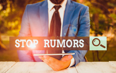 Word writing text Stop Rumors. Business photo showcasing put an end circulating the story of...