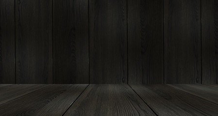 Dark room, wooden table. Empty stage with a table.