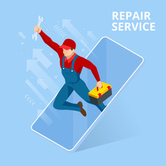 Isometric Home Repair and Renewal Service. Call Master for Home Work. Mechanic or Electronic Service Concept. Repairman Character.