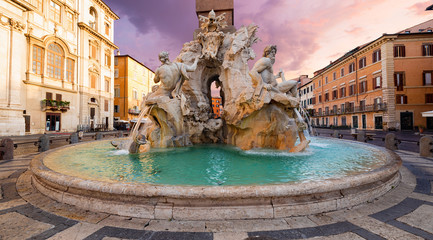 Fountain of the Four Rivers (Fontana dei Quattro Fiumi) on the Piazza Navona, Rome. Italy