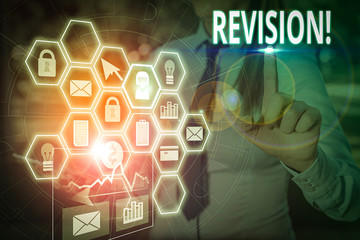 Writing note showing Revision. Business concept for action of revising over someone like auditing...