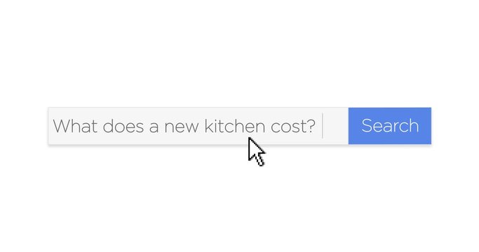 A graphical Google-style web search box asking the question, "What does a new kitchen cost?" With optional luma matte.  	