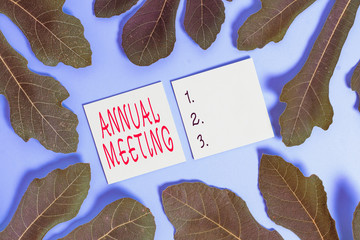 Word writing text Annual Meeting. Business photo showcasing yearly meeting of the general...