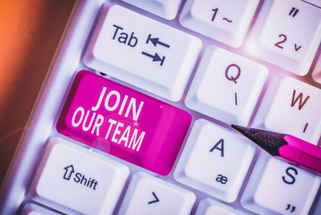 Writing note showing Join Our Team. Business concept for inviting someone to join in your local...