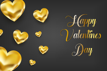 Valentines Day background with golden hearts and lettering. Template for Valentine s Day design. Vector illustration.
