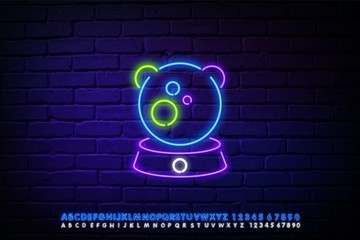 Glowing neon line Magic ball icon isolated on brick wall background. Crystal ball. Neon light alphabet. Vector Illustration