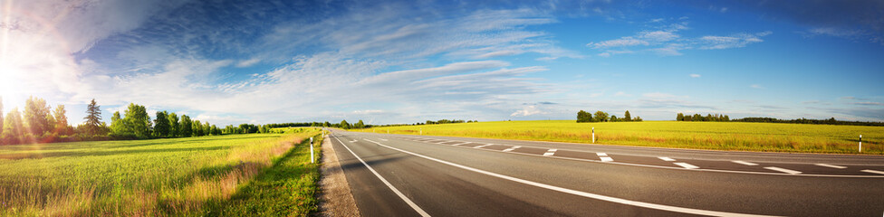 asphalt road panorama in countryside on sunny summer day - obrazy, fototapety, plakaty