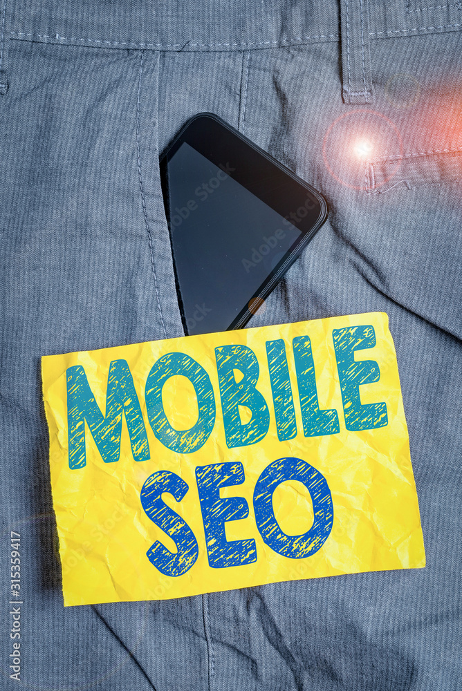Poster writing note showing mobile seo. business concept for process of optimizing a website to rank for mo