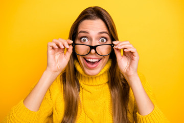 Close up photo of amazed funny crazy girl student touch specs get degree university autumn graduation scream wow omg wear stylish knitted collar jumper isolated over shine color background - obrazy, fototapety, plakaty