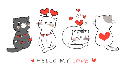 Draw banner cute cat with red heart for Valentine.