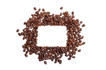 Frame of roasted brown coffee beans isolated on white may use as background or texture.