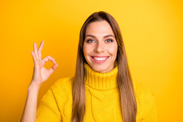 Close up photo of positive cheerful girl promoter show okay sign recommend pick adverts promotion...