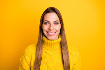 Close up photo of cheerful girl look enjoy her winter weekends wear warm soft jumper isolated over bright color background