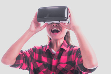 Futuristic Innovation digital cyberspace Technology Simulation.  girl wearing stereoscopic VR mask device.  background white color.