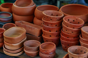 Lots of clay pot in the gardening shop