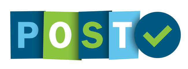 POST colorful vector typographic web button with tick symbol