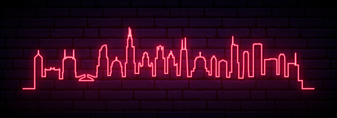 Red neon skyline of Chicago city. Bright Chicago long banner. Vector illustration. - obrazy, fototapety, plakaty