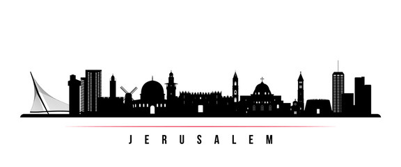 Obraz premium Baner poziomy panoramę Jerozolimy. Czarno-biała sylwetka Jerozolimy, Izrael. Szablon wektor dla swojego projektu.