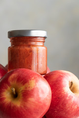 Homemade jam with biological red apples, fresh fruits marmalade