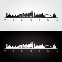 Vilnius skyline and landmarks silhouette, black and white design, vector illustration.