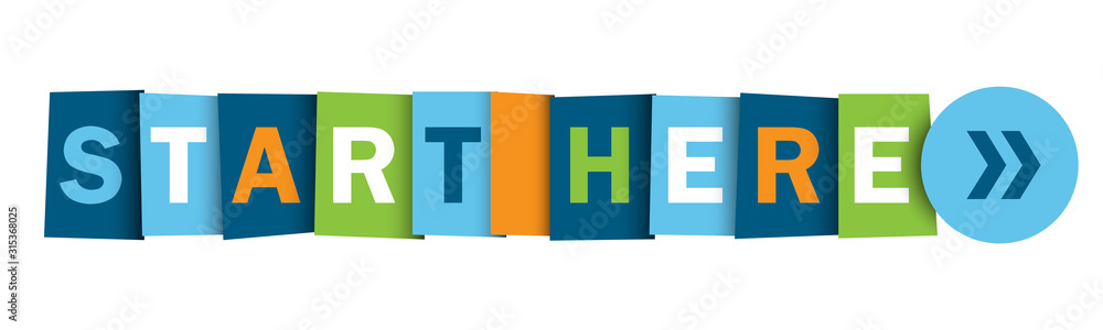 Aufkleber start here colorful vector typographic web button with arrows