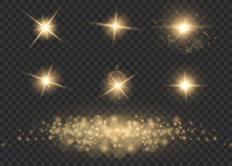 Star explodes on transparent background. Sparkling magic dust particles. Bright Star. The transparent shining sun, bright flash. 