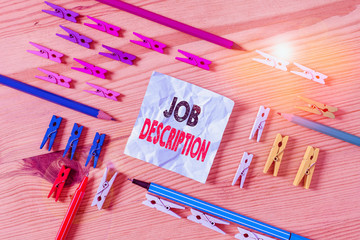 Word writing text Job Description. Business photo showcasing a formal account of an employee s is...