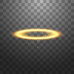 Golden halo angel ring. Isolated on black transparent background, vector illustration - obrazy, fototapety, plakaty
