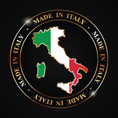 MADE IN ITALY - round vector banner with golden map of Italy on black background