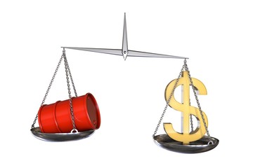 3D illustration: vintage scales in disbalance with the red barrel of oil on one side and a sign of us dollar on the other. Petroleum business, gasoline. Purchase sale, auction, stock exchange.