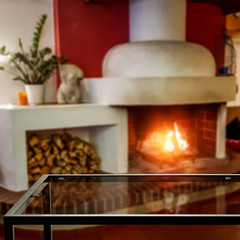 desk of free space and home interior with firepalce 