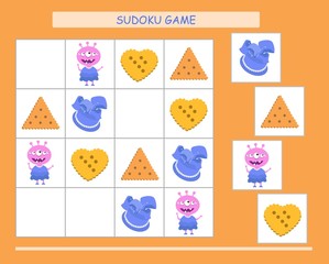 Sudoku for kids with pictures. Kids activity sheet. Training logic, educational game. Sudoku game with funny monsters.	