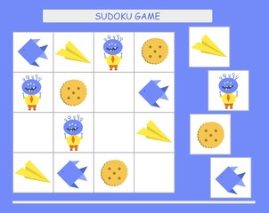Sudoku for kids with pictures. Kids activity sheet. Training logic, educational game. Sudoku game with funny monsters.	