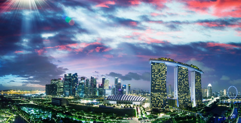 Aerial panoramic view of Singapore at sunset