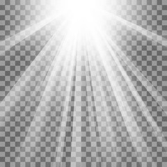 White glowing light burst explosion with transparent. Vector illustration for cool effect decoration with ray sparkles. Bright star. Transparent shine gradient glitter, bright flare. Glare texture.