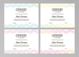 Trendy minimalist certificate templates with fun wavy lines on the white background. Usable for educational courses, contests, training, sport competitions. A4 scaled size. Vector illustration