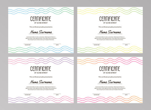 Trendy Minimalist Certificate Templates With Fun Wavy Lines On The White Background. Usable For Educational Courses, Contests, Training, Sport Competitions. A4 Scaled Size. Vector Illustration