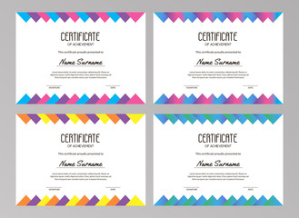 Geometry certificate template with multicolored triangles and sample text. Usable for educational courses, contests, tests, training. Vector illustration. A4 standard scaled size