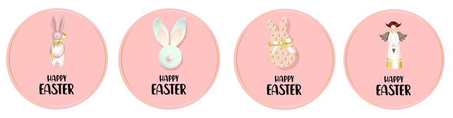 Easter round badges. Stickers, logo. Happy easter Bunny rabbit, angel and golden ribbons. Pink background. Tags for gifts..