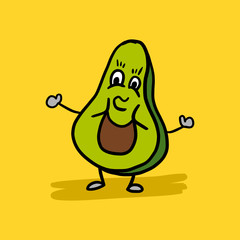 Cute happy cartoon avocado character. Isolated doodle vector illustration. T-shirt apparel print design.