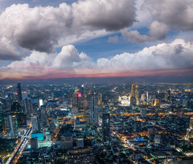 Naklejka na ściany i meble Aerial sunset view of Bangkok modern skyline, Thailand
