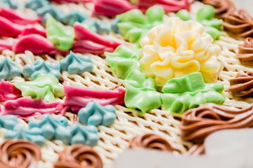 Decorated top of Kiev cake. The known ukrainian bakery products . Close-up .view. It is a dessert cake, made in Kiev, Ukraine by the Karl Marx Confectionery Factory