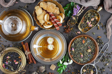 Tea hot drink on old background in composition on the table