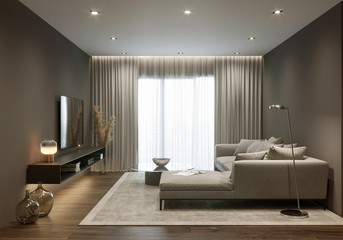 Modern living room with beige sofa and tv system